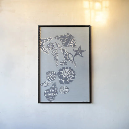 Coastal Shells II by Yvette St. Amant. shown as a paper print in a black flame. Available as a archival giclee rolled canvas, fine art paper, or poster print. SKU 88369h.