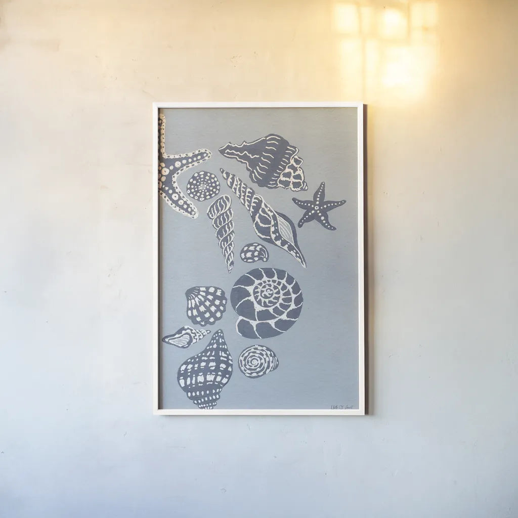 Coastal Shells II by Yvette St. Amant. shown as a paper print in a white frame. Available as a archival giclee rolled canvas, fine art paper, or poster print. SKU 88369h.
