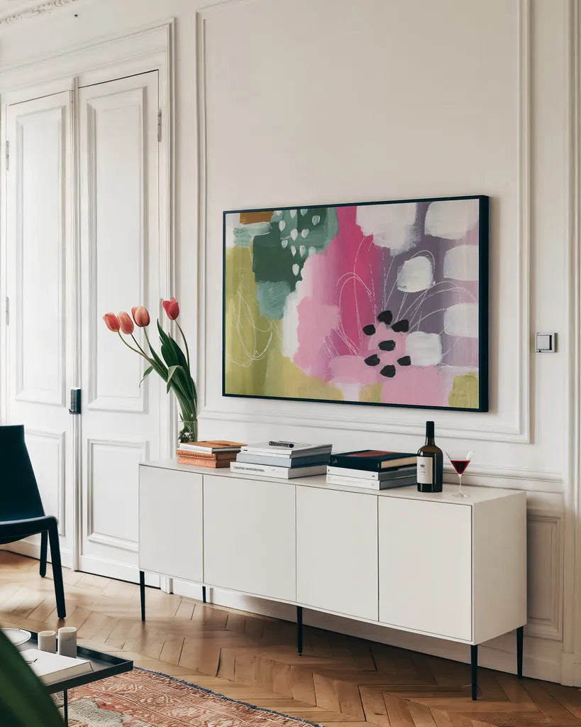 Color Burst I by Yvette St. Amant. shown as a framed stretched canvas in a living room above a console. Available as a archival giclee rolled canvas, fine art paper, or poster print. SKU 88227i.