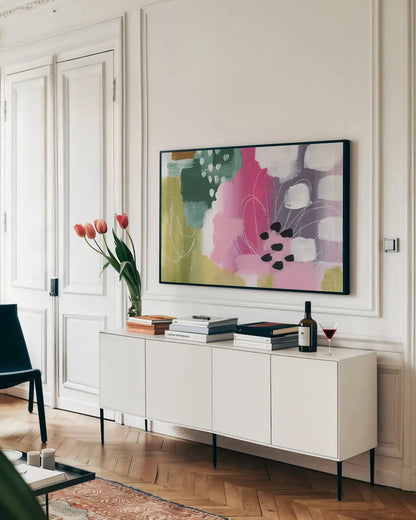 Color Burst I by Yvette St. Amant. shown as a framed stretched canvas in a living room above a console. Available as a archival giclee rolled canvas, fine art paper, or poster print. SKU 88227i.
