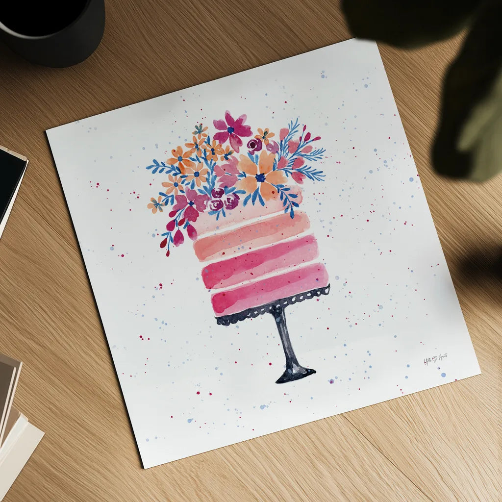 Colorful Cake by Yvette St. Amant. Shown as a detailed flat fine art print, highlighting archival giclee quality. Available as an archival giclee rolled canvas, fine art paper, or poster print. SKU 94729a.