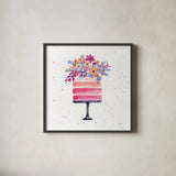 Colorful Cake by Yvette St. Amant. Shown in a sleek black glass frame for a contemporary gallery look. Available as an archival giclee rolled canvas, fine art paper, or poster print. SKU 94729a.