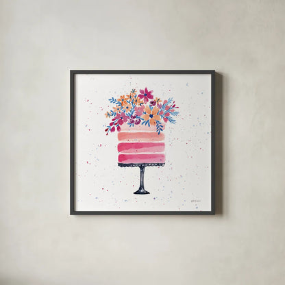 Colorful Cake by Yvette St. Amant. Shown in a sleek black glass frame for a contemporary gallery look. Available as an archival giclee rolled canvas, fine art paper, or poster print. SKU 94729a.
