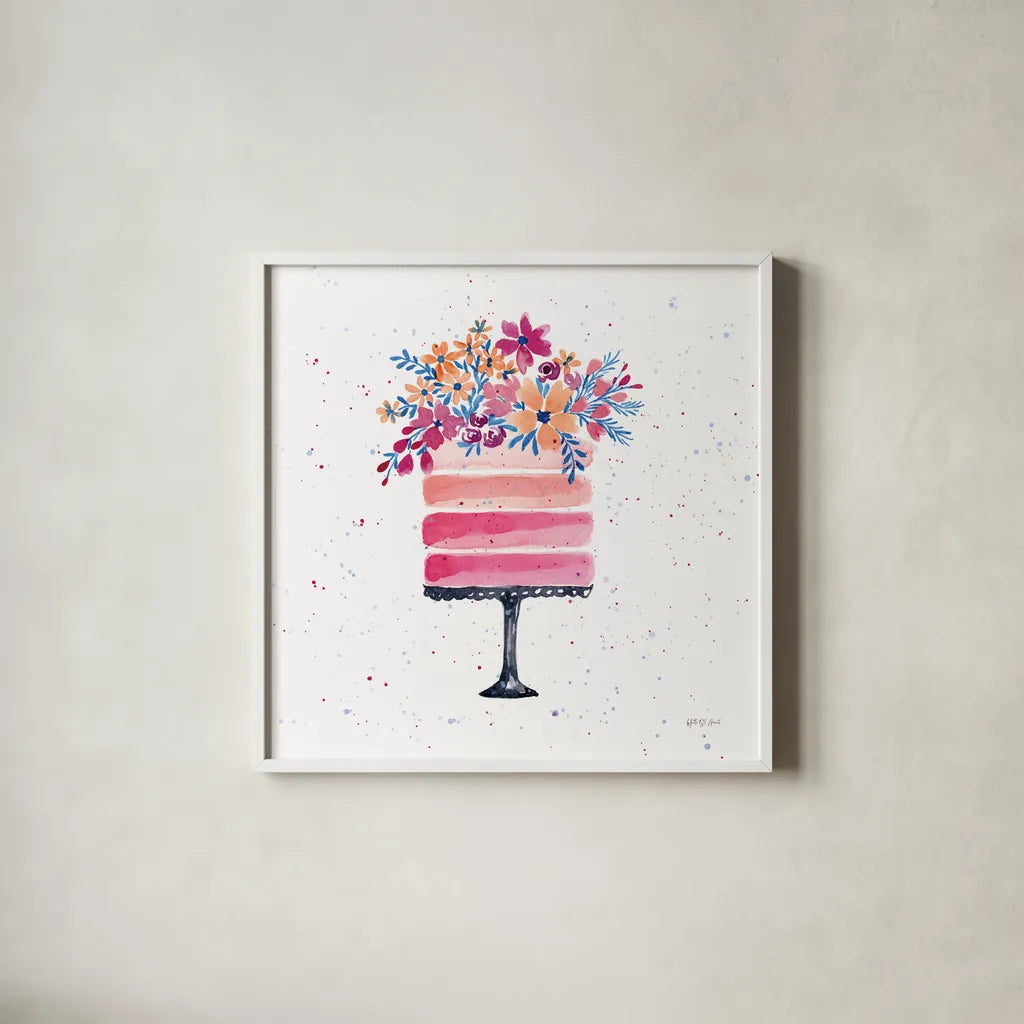 Colorful Cake by Yvette St. Amant. Shown in a crisp white glass frame for a clean and minimalist style. Available as an archival giclee rolled canvas, fine art paper, or poster print. SKU 94729a.