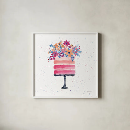 Colorful Cake by Yvette St. Amant. Shown in a crisp white glass frame for a clean and minimalist style. Available as an archival giclee rolled canvas, fine art paper, or poster print. SKU 94729a.