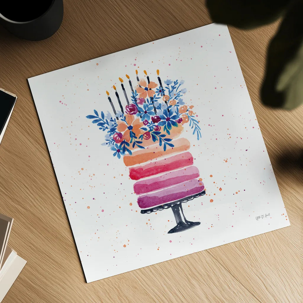 Colorful Cake and Candles by Yvette St. Amant. Shown as a detailed flat fine art print, highlighting archival giclee quality. Available as an archival giclee rolled canvas, fine art paper, or poster print. SKU 94730a.