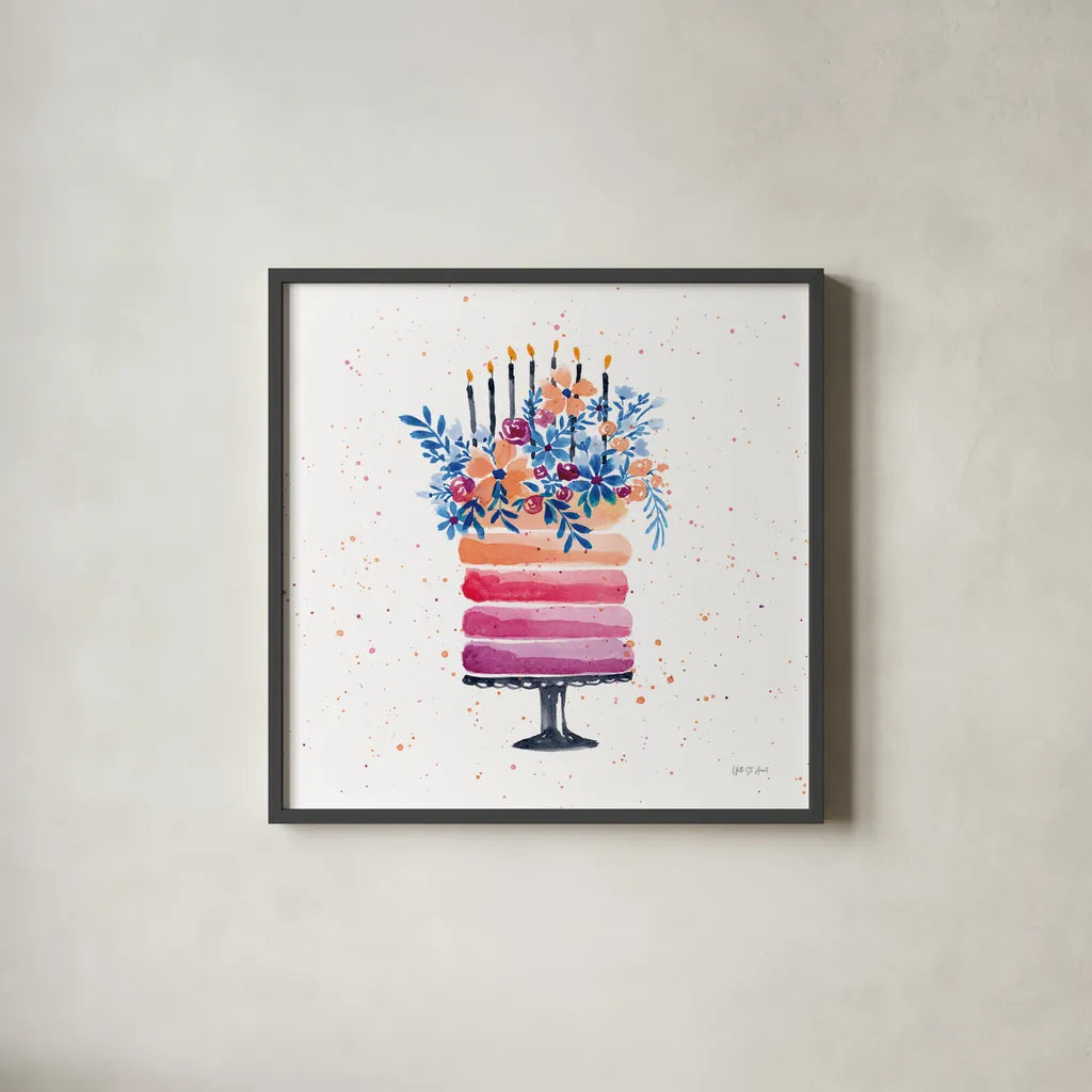 Colorful Cake and Candles by Yvette St. Amant. Shown in a sleek black glass frame for a contemporary gallery look. Available as an archival giclee rolled canvas, fine art paper, or poster print. SKU 94730a.