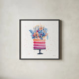 Colorful Cake and Candles by Yvette St. Amant. Shown in a sleek black glass frame for a contemporary gallery look. Available as an archival giclee rolled canvas, fine art paper, or poster print. SKU 94730a.