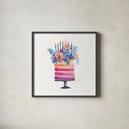 Colorful Cake and Candles by Yvette St. Amant. Shown in a sleek black glass frame for a contemporary gallery look. Available as an archival giclee rolled canvas, fine art paper, or poster print. SKU 94730a.