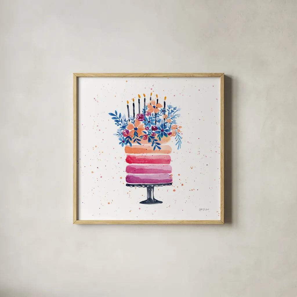 Colorful Cake and Candles by Yvette St. Amant. Shown in a natural wood glass frame for a timeless modern aesthetic. Available as an archival giclee rolled canvas, fine art paper, or poster print. SKU 94730a.