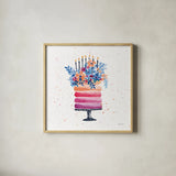 Colorful Cake and Candles by Yvette St. Amant. Shown in a natural wood glass frame for a timeless modern aesthetic. Available as an archival giclee rolled canvas, fine art paper, or poster print. SKU 94730a.
