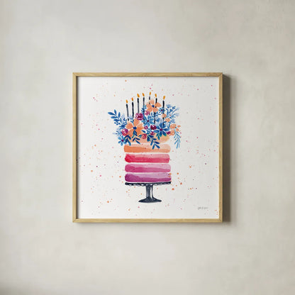 Colorful Cake and Candles by Yvette St. Amant. Shown in a natural wood glass frame for a timeless modern aesthetic. Available as an archival giclee rolled canvas, fine art paper, or poster print. SKU 94730a.