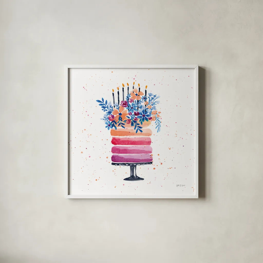 Colorful Cake and Candles by Yvette St. Amant. Shown in a crisp white glass frame for a clean and minimalist style. Available as an archival giclee rolled canvas, fine art paper, or poster print. SKU 94730a.