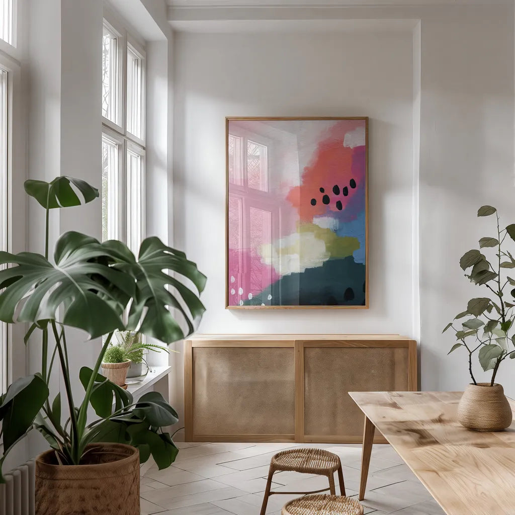 Colorful Journey by Yvette St. Amant. shown as a print in a natural wood frame in a dining room. Available as a archival giclee rolled canvas, fine art paper, or poster print. SKU 88226h.