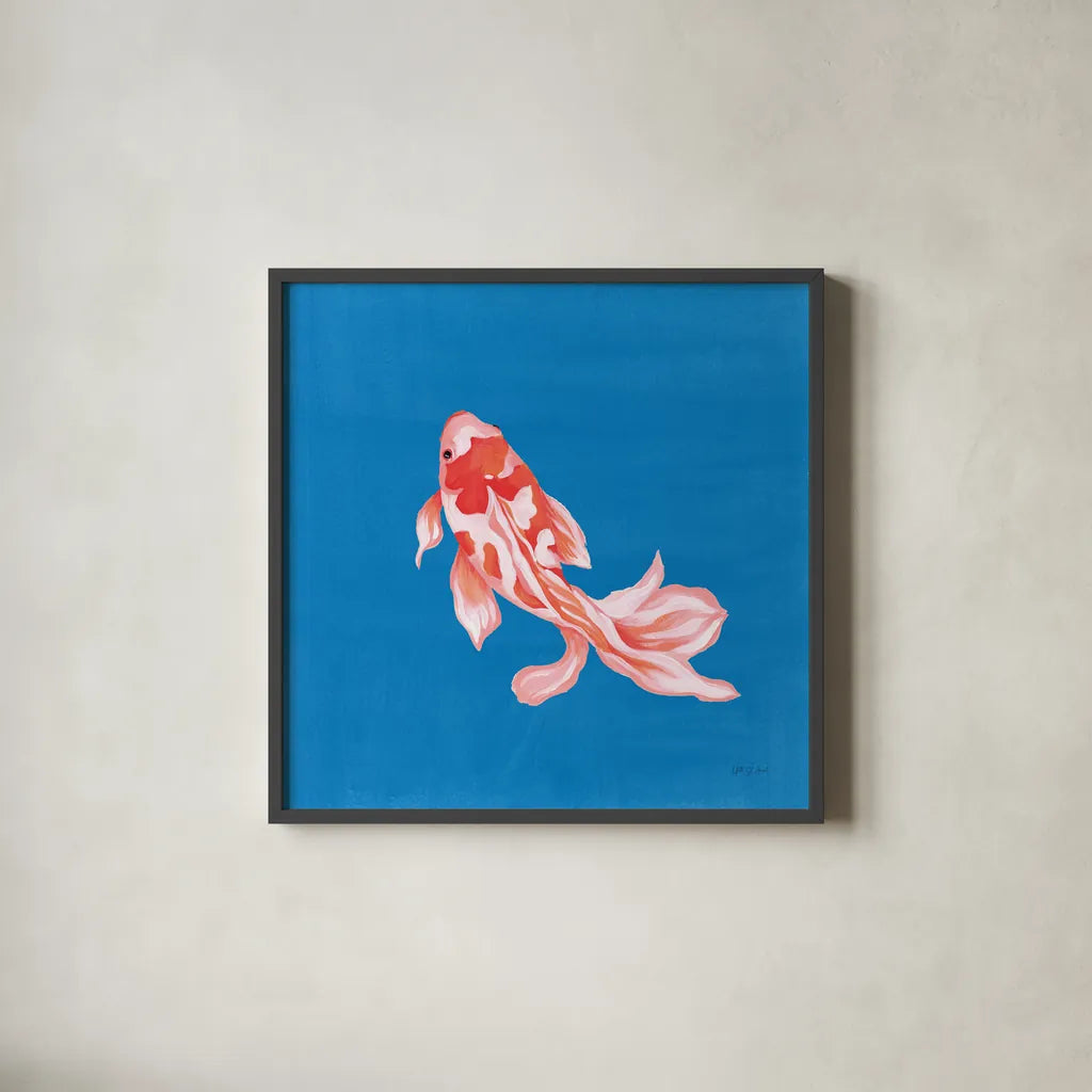 Colorful Koi II by Yvette St. Amant. Shown in a sleek black glass frame for a contemporary gallery look. Available as an archival giclee rolled canvas, fine art paper, or poster print. SKU 92242a.
