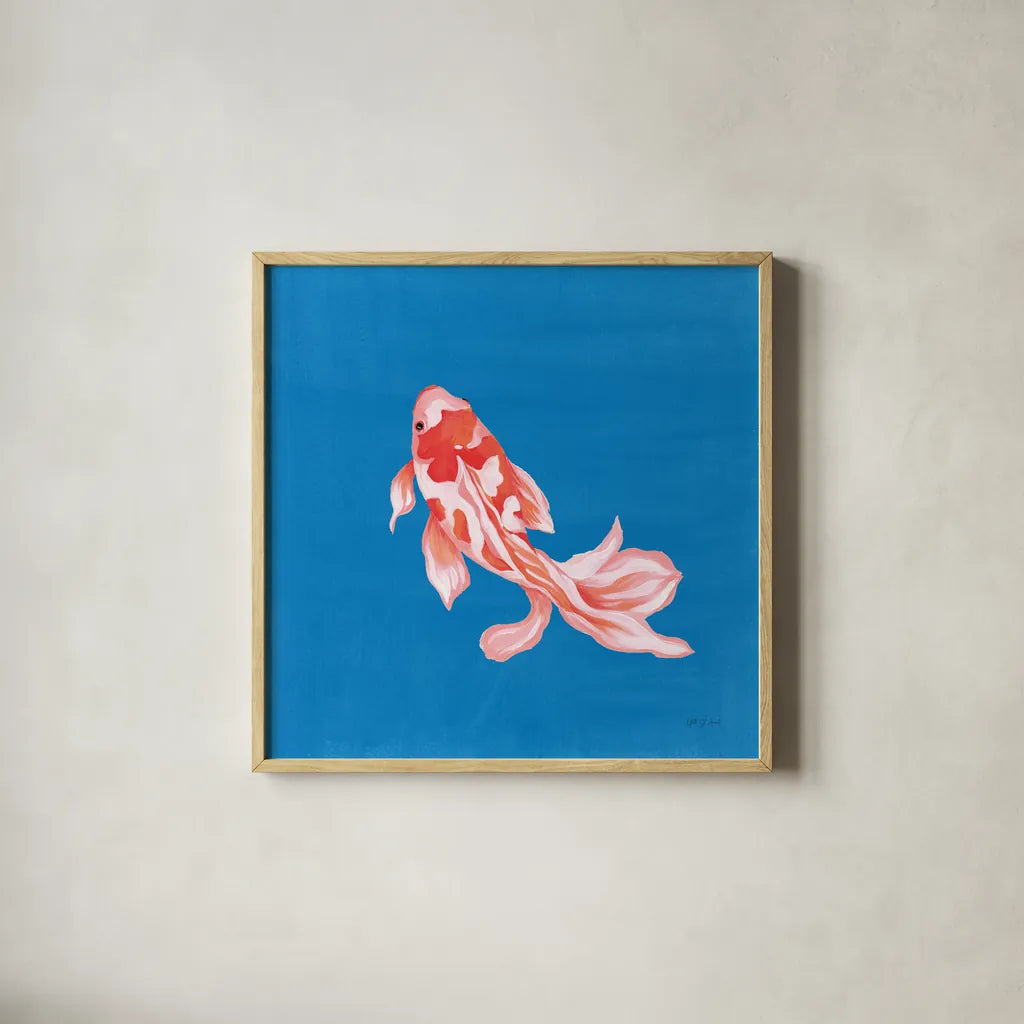 Colorful Koi II by Yvette St. Amant. Shown in a natural wood glass frame for a timeless modern aesthetic. Available as an archival giclee rolled canvas, fine art paper, or poster print. SKU 92242a.