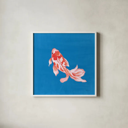 Colorful Koi II by Yvette St. Amant. Shown in a crisp white glass frame for a clean and minimalist style. Available as an archival giclee rolled canvas, fine art paper, or poster print. SKU 92242a.