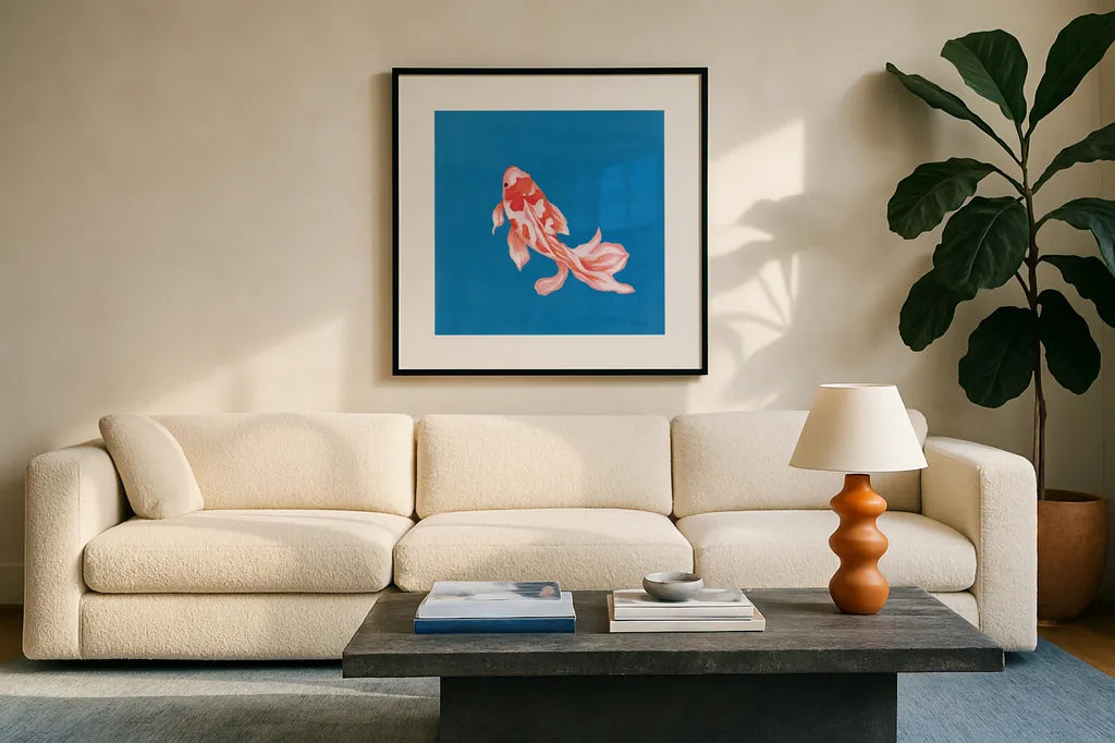 Colorful Koi II by Yvette St. Amant. Displayed in a glass frame with matte in a clean modern living room. Available as an archival giclee rolled canvas, fine art paper, or poster print. SKU 92242a.