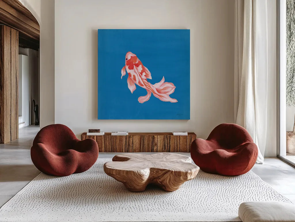 Colorful Koi II by Yvette St. Amant. Shown as extra-large giant wall art in a modern living room. Available as an archival giclee rolled canvas, fine art paper, or poster print. SKU 92242a.