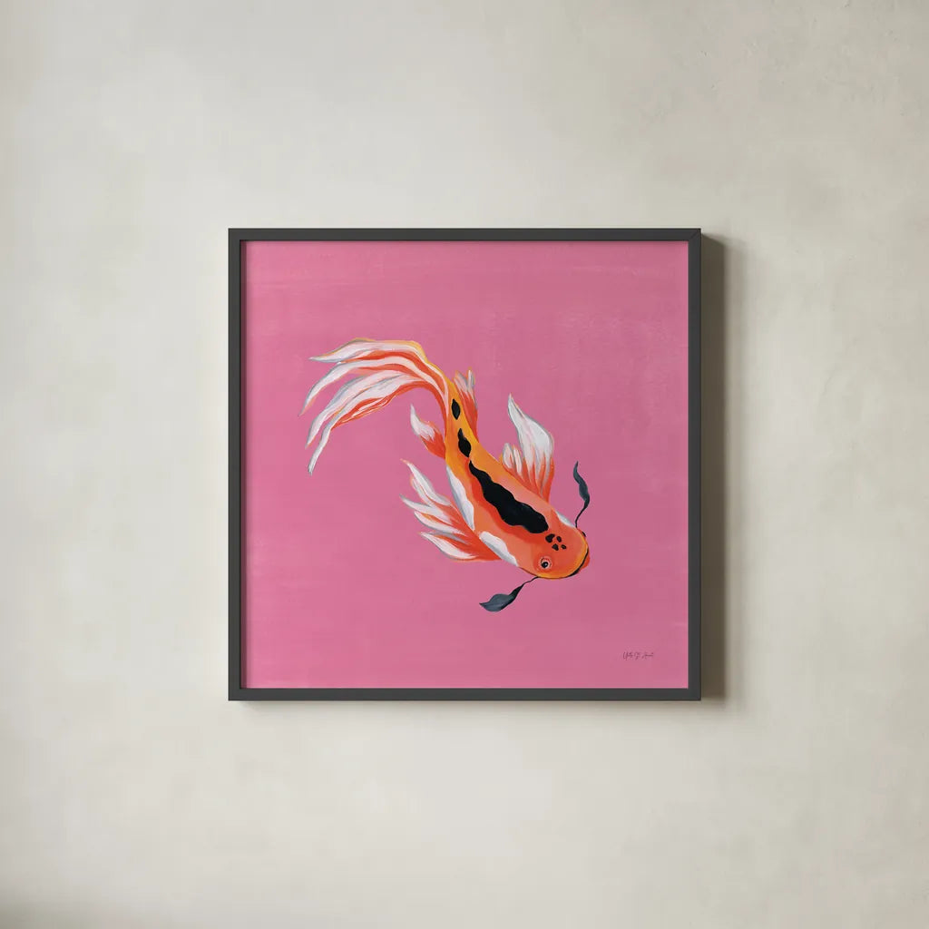Colorful Koi III by Yvette St. Amant. Shown in a sleek black glass frame for a contemporary gallery look. Available as an archival giclee rolled canvas, fine art paper, or poster print. SKU 92243a.