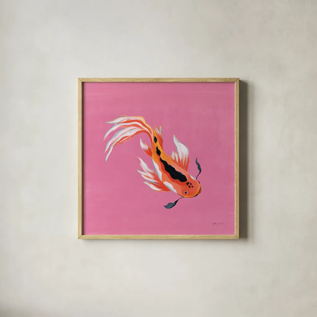 Colorful Koi III by Yvette St. Amant. Shown in a natural wood glass frame for a timeless modern aesthetic. Available as an archival giclee rolled canvas, fine art paper, or poster print. SKU 92243a.