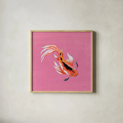 Colorful Koi III by Yvette St. Amant. Shown in a natural wood glass frame for a timeless modern aesthetic. Available as an archival giclee rolled canvas, fine art paper, or poster print. SKU 92243a.
