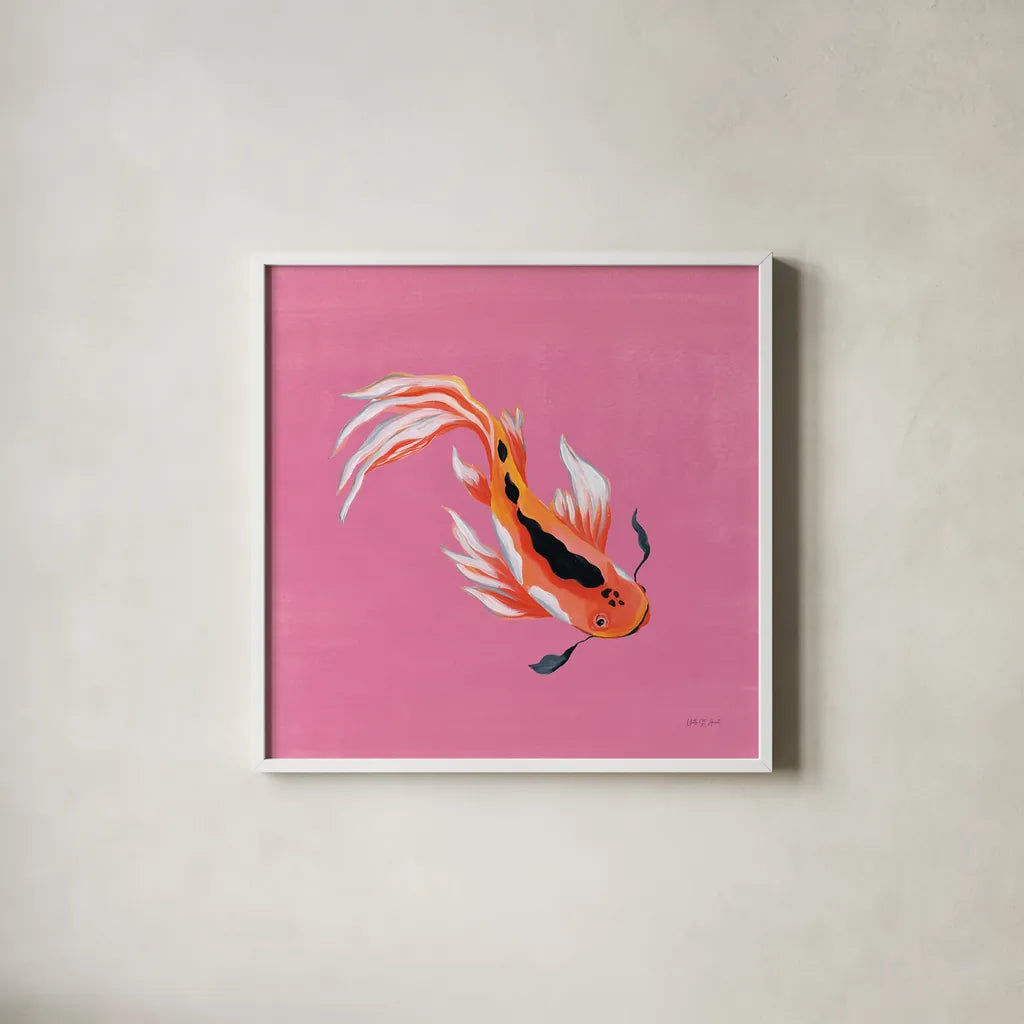 Colorful Koi III by Yvette St. Amant. Shown in a crisp white glass frame for a clean and minimalist style. Available as an archival giclee rolled canvas, fine art paper, or poster print. SKU 92243a.