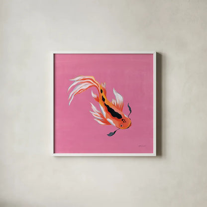 Colorful Koi III by Yvette St. Amant. Shown in a crisp white glass frame for a clean and minimalist style. Available as an archival giclee rolled canvas, fine art paper, or poster print. SKU 92243a.
