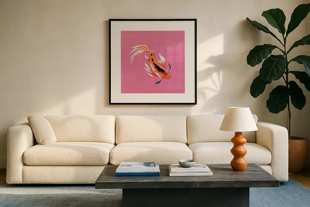 Colorful Koi III by Yvette St. Amant. Displayed in a glass frame with matte in a clean modern living room. Available as an archival giclee rolled canvas, fine art paper, or poster print. SKU 92243a.