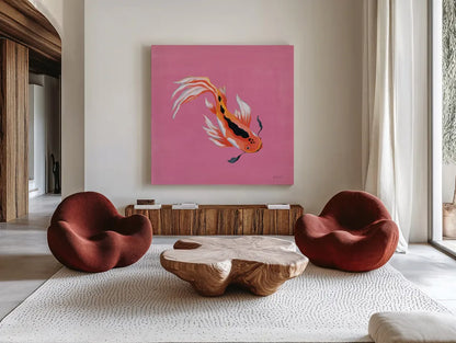 Colorful Koi III by Yvette St. Amant. Shown as extra-large giant wall art in a modern living room. Available as an archival giclee rolled canvas, fine art paper, or poster print. SKU 92243a.