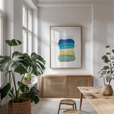 Cool Paint Palette by Yvette St. Amant. shown as a print in a natural wood frame in a dining room. Available as a archival giclee rolled canvas, fine art paper, or poster print. SKU 92217h.