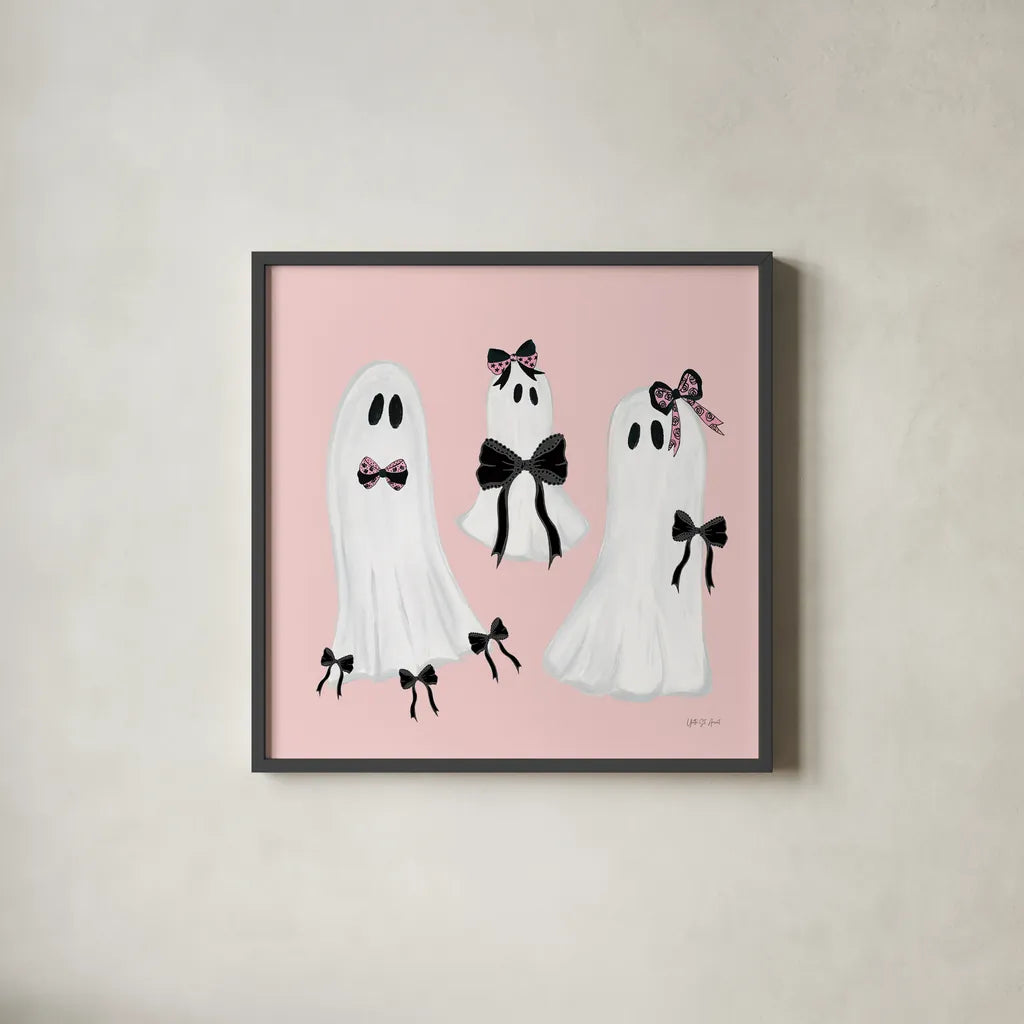 Coquette Ghosts by Yvette St. Amant. Shown in a sleek black glass frame for a contemporary gallery look. Available as an archival giclee rolled canvas, fine art paper, or poster print. SKU 94019a.