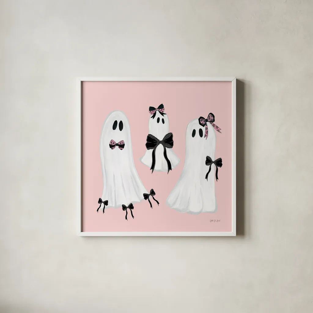 Coquette Ghosts by Yvette St. Amant. Shown in a crisp white glass frame for a clean and minimalist style. Available as an archival giclee rolled canvas, fine art paper, or poster print. SKU 94019a.
