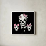 Coquette Skulls by Yvette St. Amant. Shown in a crisp white glass frame for a clean and minimalist style. Available as an archival giclee rolled canvas, fine art paper, or poster print. SKU 94021a.