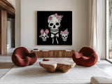 Coquette Skulls by Yvette St. Amant. Shown as extra-large giant wall art in a modern living room. Available as an archival giclee rolled canvas, fine art paper, or poster print. SKU 94021a.