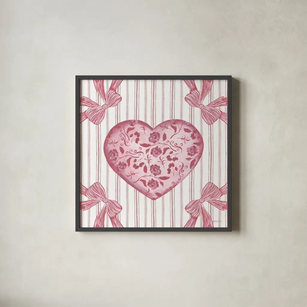 Coquette Valentine I by Yvette St. Amant. Shown in a sleek black glass frame for a contemporary gallery look. Available as an archival giclee rolled canvas, fine art paper, or poster print. SKU 101784a.