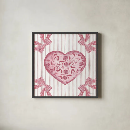 Coquette Valentine I by Yvette St. Amant. Shown in a sleek black glass frame for a contemporary gallery look. Available as an archival giclee rolled canvas, fine art paper, or poster print. SKU 101784a.