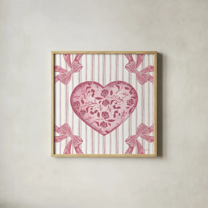 Coquette Valentine I by Yvette St. Amant. Shown in a natural wood glass frame for a timeless modern aesthetic. Available as an archival giclee rolled canvas, fine art paper, or poster print. SKU 101784a.