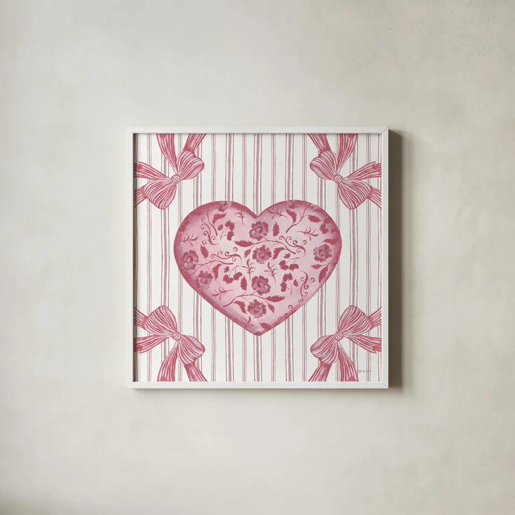 Coquette Valentine I by Yvette St. Amant. Shown in a crisp white glass frame for a clean and minimalist style. Available as an archival giclee rolled canvas, fine art paper, or poster print. SKU 101784a.