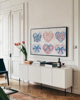 Coquette Valentine IV by Yvette St. Amant. shown as a framed stretched canvas in a living room above a console. Available as a archival giclee rolled canvas, fine art paper, or poster print. SKU 101787i.