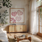 Coquette Valentine VII by Yvette St. Amant. Shown in a natural wood frame in a cozy modern living room. Available as an archival giclee rolled canvas, fine art paper, or poster print. SKU 101790a.