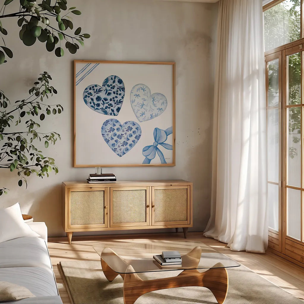 Coquette Valentine VIII by Yvette St. Amant. Shown in a natural wood frame in a cozy modern living room. Available as an archival giclee rolled canvas, fine art paper, or poster print. SKU 101791a.