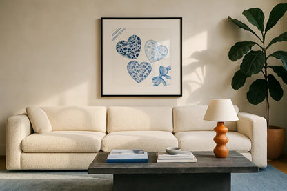 Coquette Valentine VIII by Yvette St. Amant. Displayed in a glass frame with matte in a clean modern living room. Available as an archival giclee rolled canvas, fine art paper, or poster print. SKU 101791a.