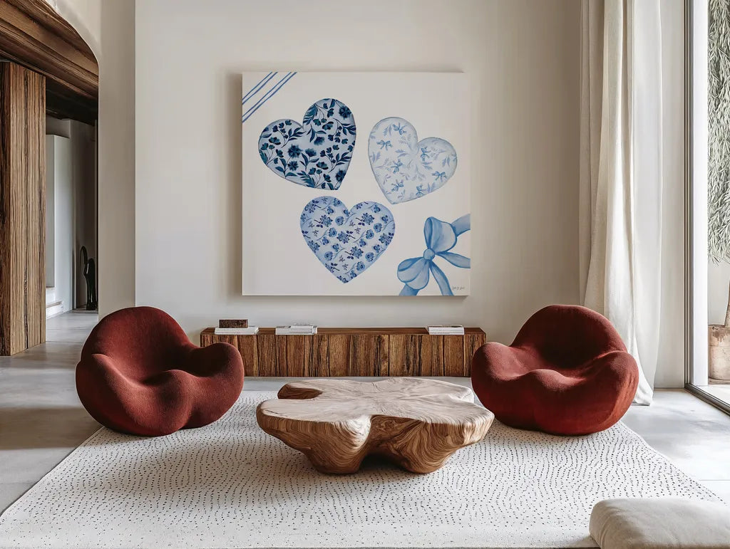 Coquette Valentine VIII by Yvette St. Amant. Shown as extra-large giant wall art in a modern living room. Available as an archival giclee rolled canvas, fine art paper, or poster print. SKU 101791a.