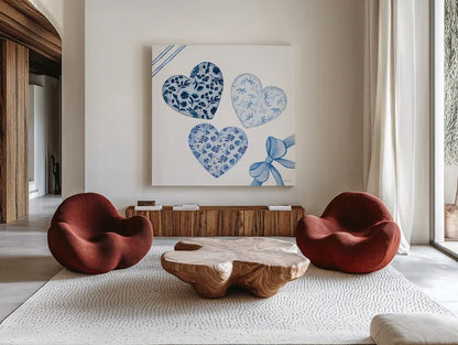 Coquette Valentine VIII by Yvette St. Amant. Shown as extra-large giant wall art in a modern living room. Available as an archival giclee rolled canvas, fine art paper, or poster print. SKU 101791a.