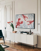 Delicate Coastline I by Yvette St. Amant. shown as a framed stretched canvas in a living room above a console. Available as a archival giclee rolled canvas, fine art paper, or poster print. SKU 92291i.