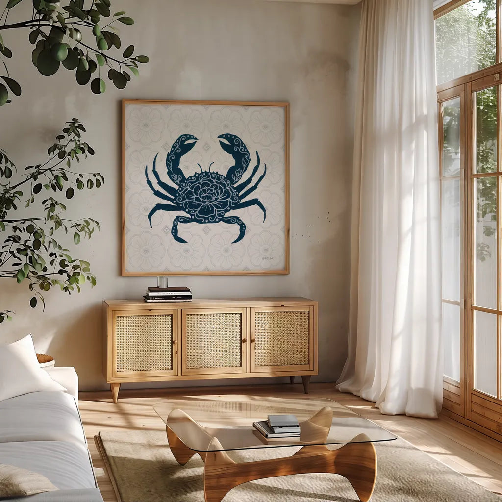 Delicate Coastline IV by Yvette St. Amant. Shown in a natural wood frame in a cozy modern living room. Available as an archival giclee rolled canvas, fine art paper, or poster print. SKU 92294a.