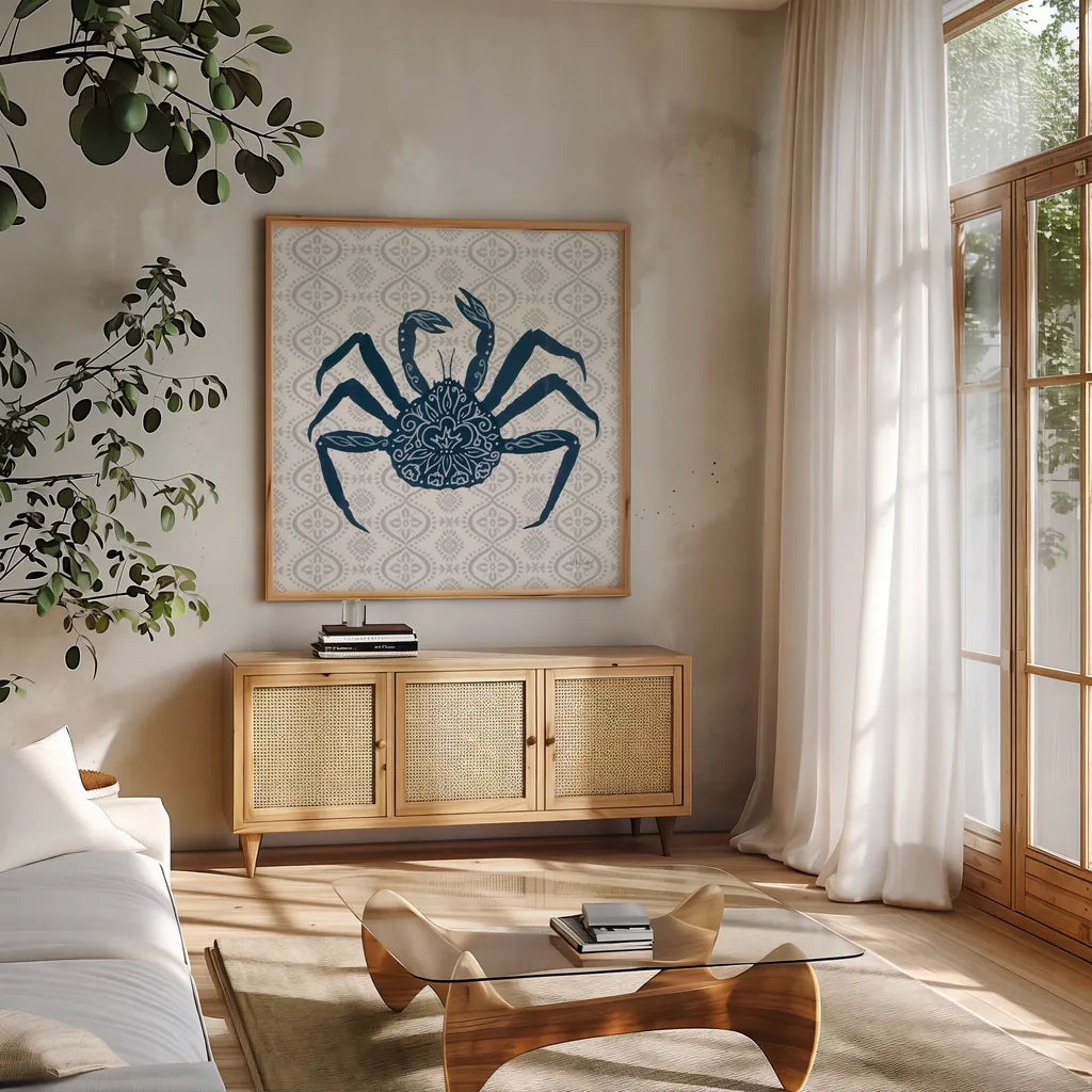 Delicate Coastline V by Yvette St. Amant. Shown in a natural wood frame in a cozy modern living room. Available as an archival giclee rolled canvas, fine art paper, or poster print. SKU 92295a.