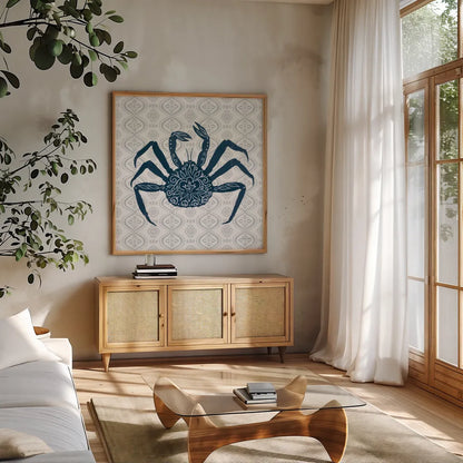 Delicate Coastline V by Yvette St. Amant. Shown in a natural wood frame in a cozy modern living room. Available as an archival giclee rolled canvas, fine art paper, or poster print. SKU 92295a.