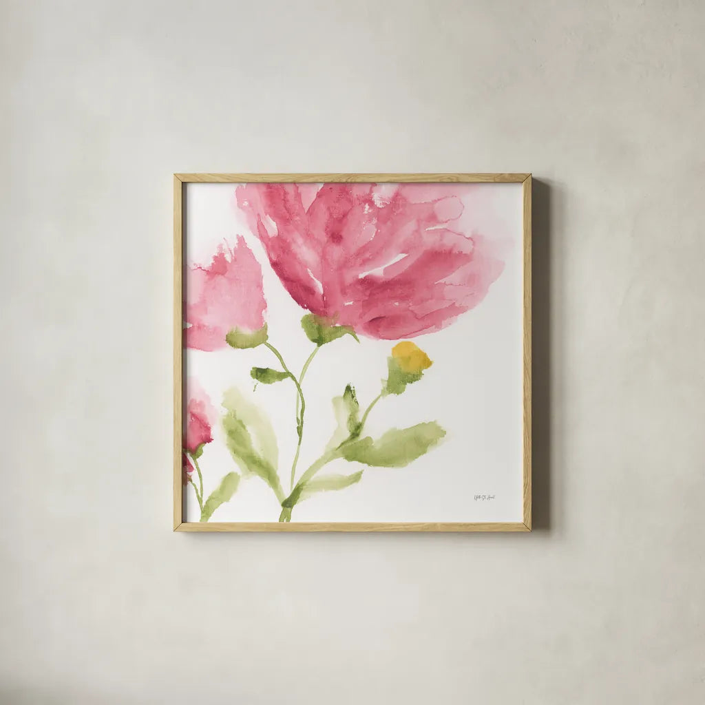 Delicate Rose I by Yvette St. Amant. Shown in a natural wood glass frame for a timeless modern aesthetic. Available as an archival giclee rolled canvas, fine art paper, or poster print. SKU 96272a.